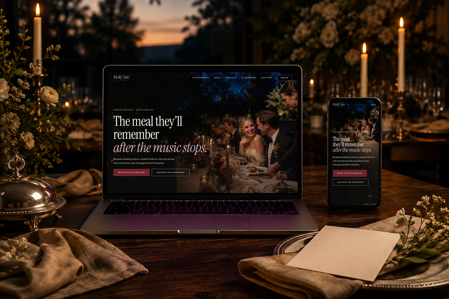 Holly Tate Fine Catering website, designed and built by FuturaComm, shown on a laptop and phone in a real setting