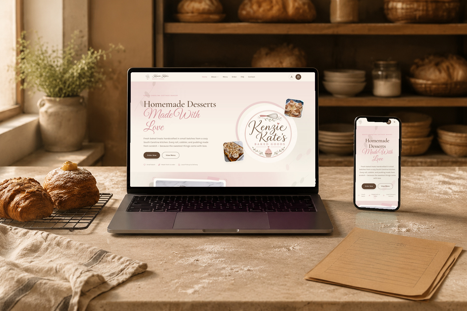 Kenzie Kate's Baked Goods website, designed and built by FuturaComm, shown on a laptop and phone in a real setting