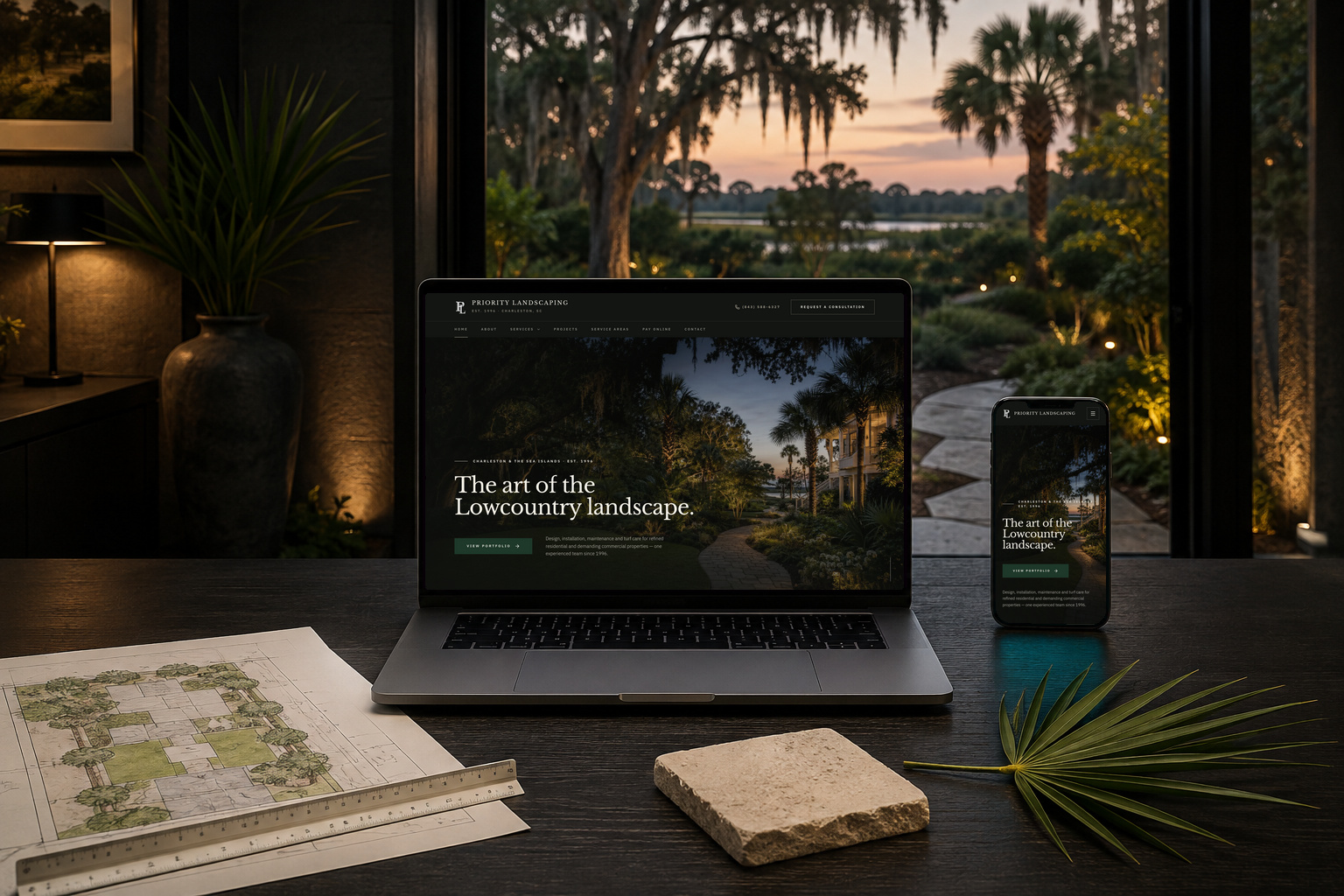 Priority Landscaping website, designed and built by FuturaComm, shown on a laptop and phone in a real setting