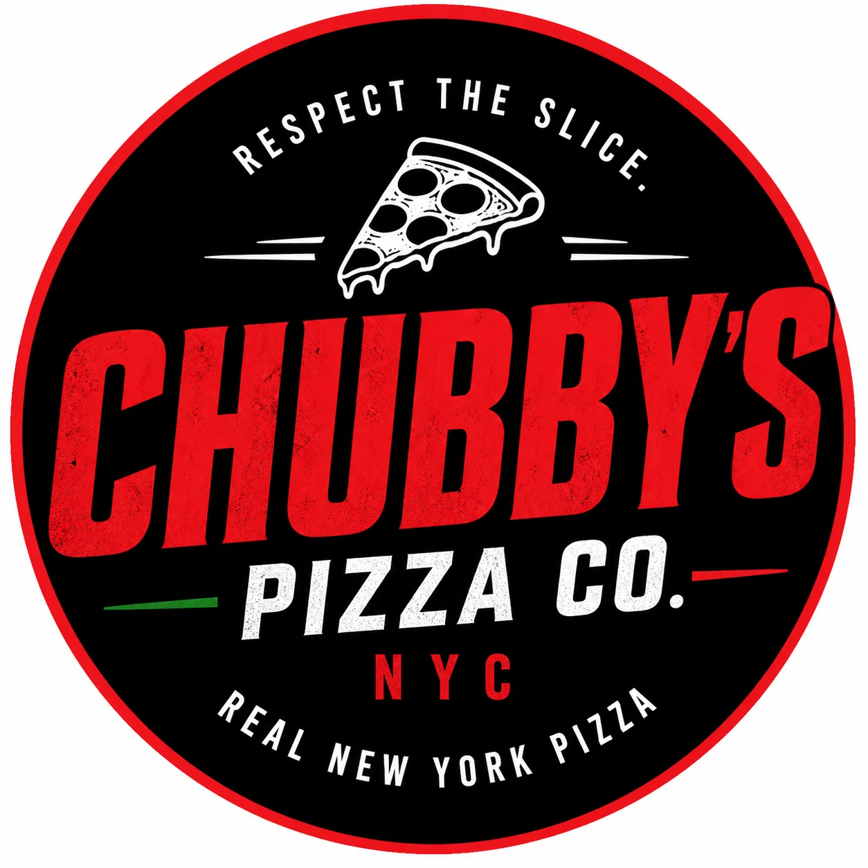 Chubby's Pizza Co. primary round mark — Respect the Slice, real New York pizza