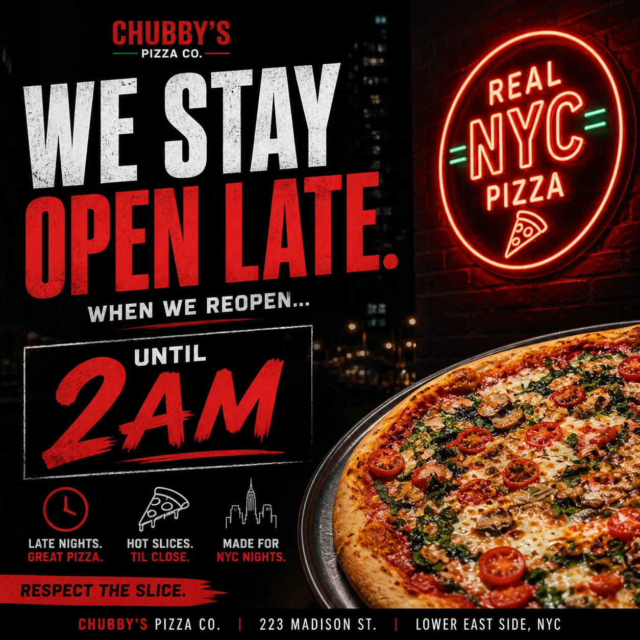 Social announcement post: open late until 2AM when the shop reopens