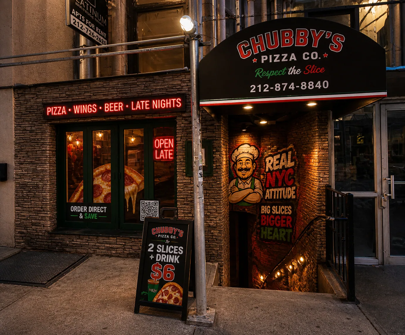 Chubby's Pizza Co. shopfront design direction at night