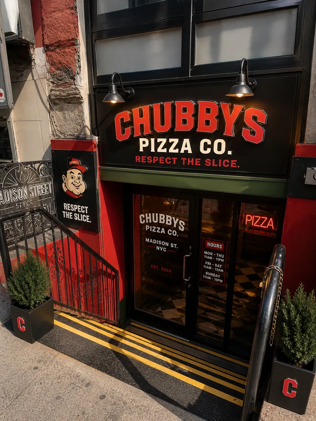 Rebrand mockup of the same storefront carrying the Chubby's Pizza Co. identity