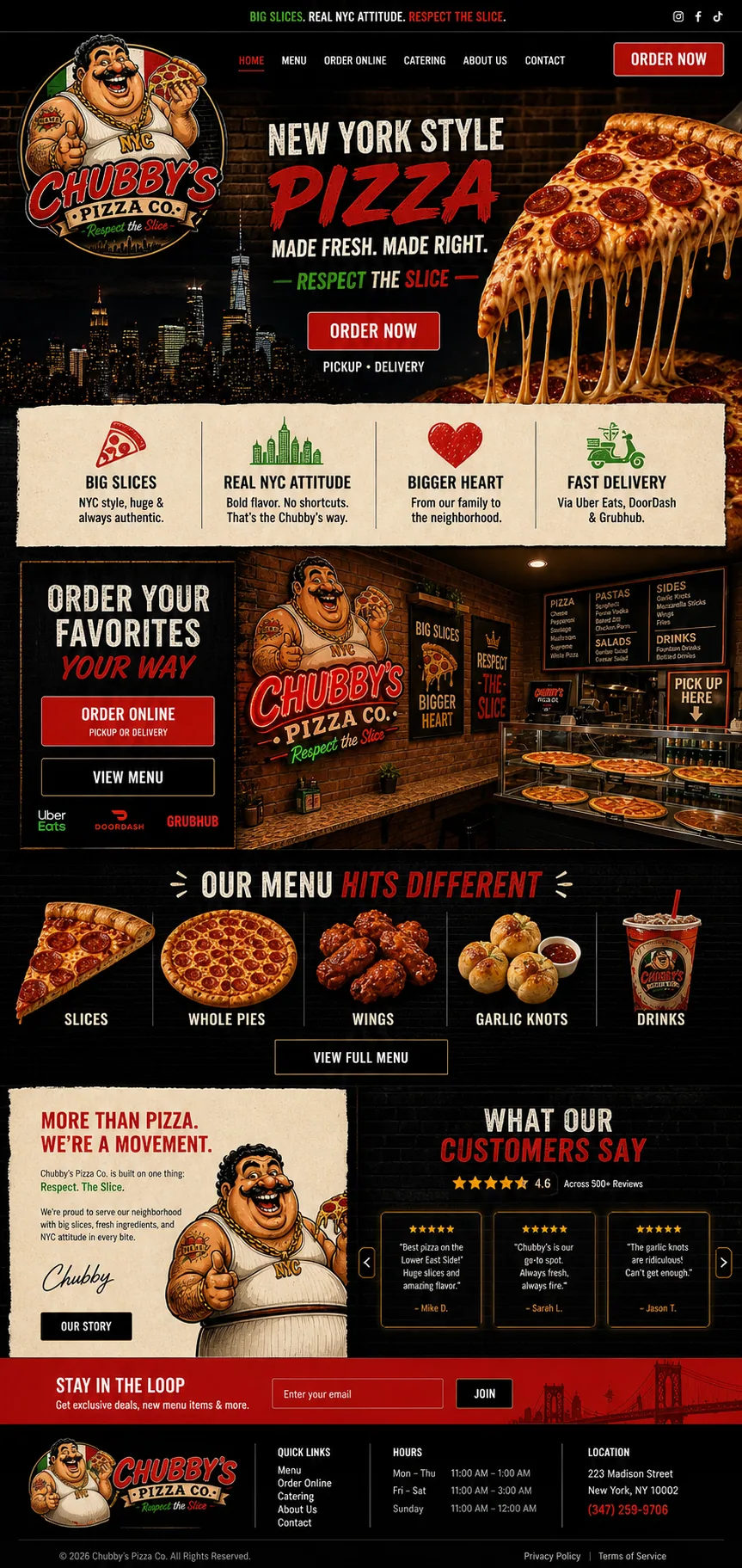 Full-length homepage design for the Chubby's Pizza Co. ordering site