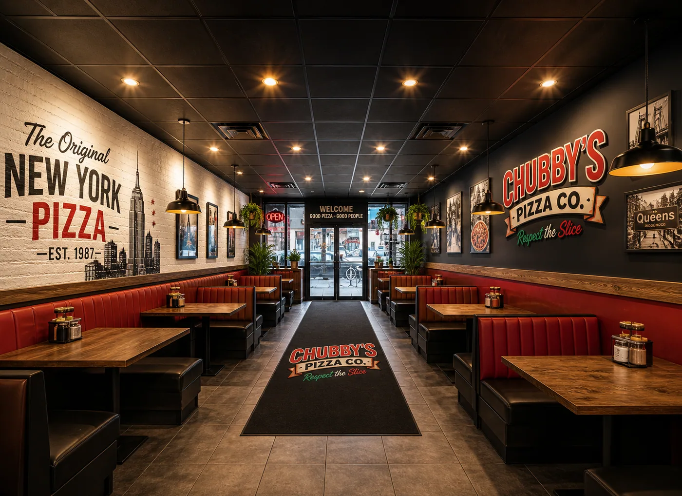 Interior dining-room concept with booth seating and a New York skyline wall