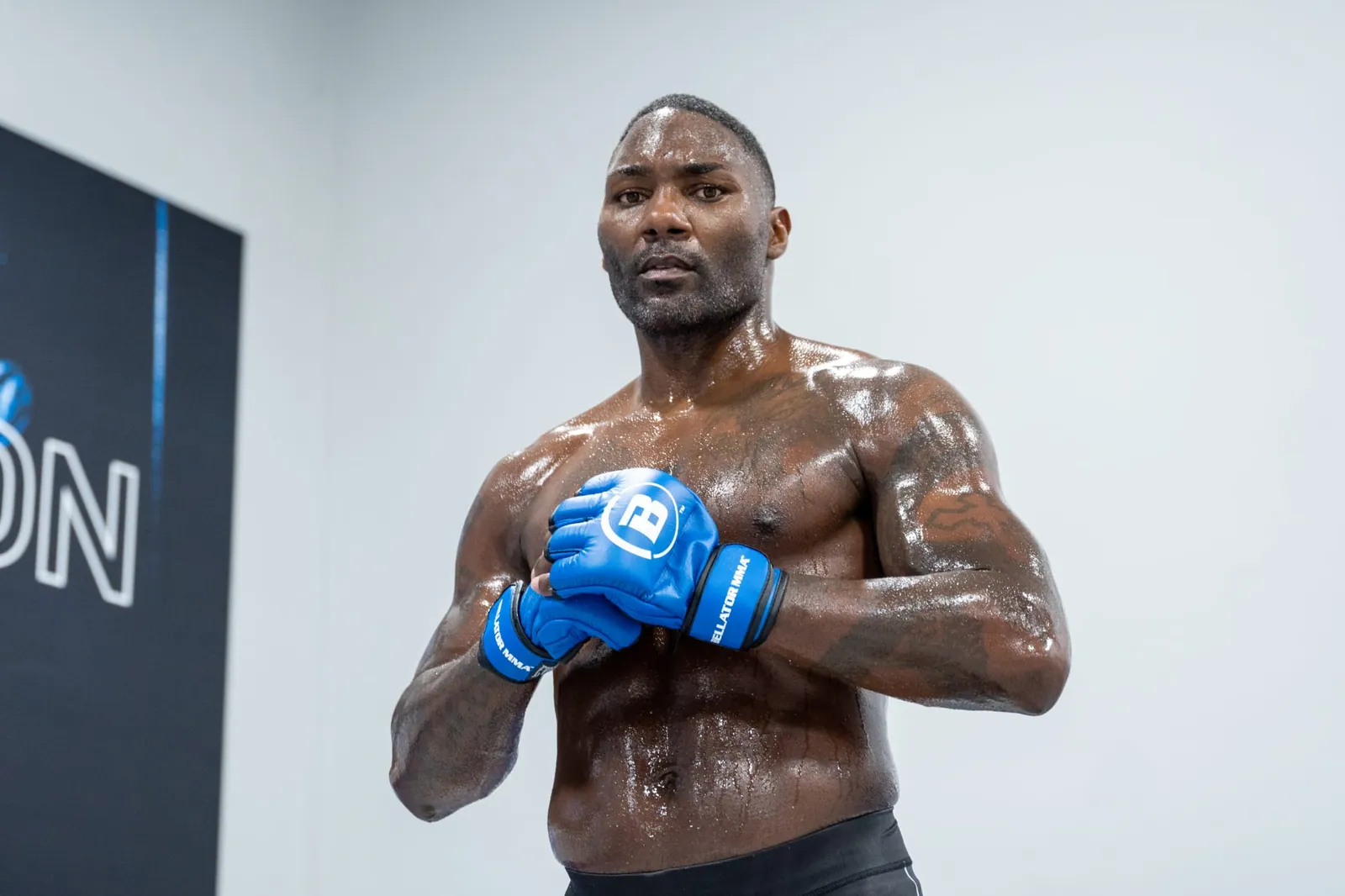 Anthony Johnson standing in a light studio in blue Bellator MMA gloves, hands raised at his chest.