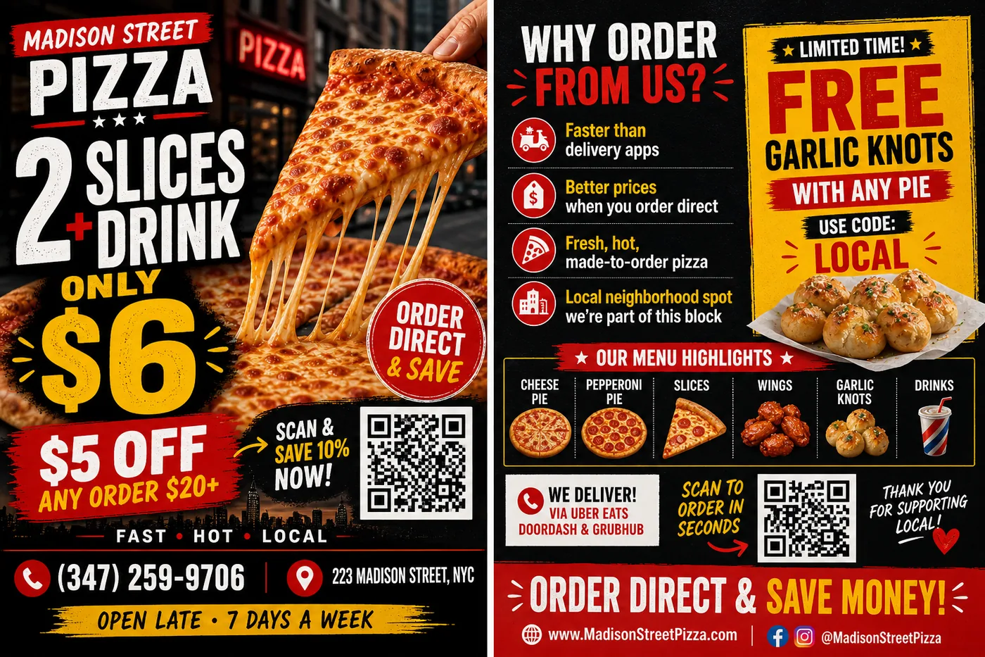Direct-mail flyer concept offering two slices and a drink