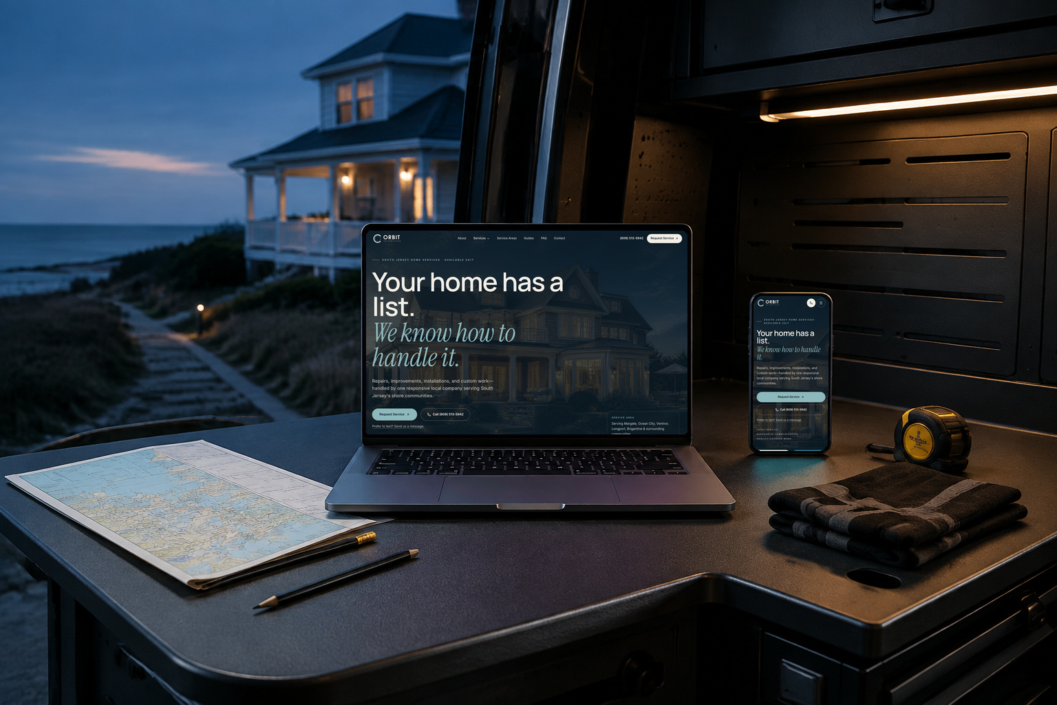 Orbit Services responsive website presentation, showing the live site on a laptop and phone